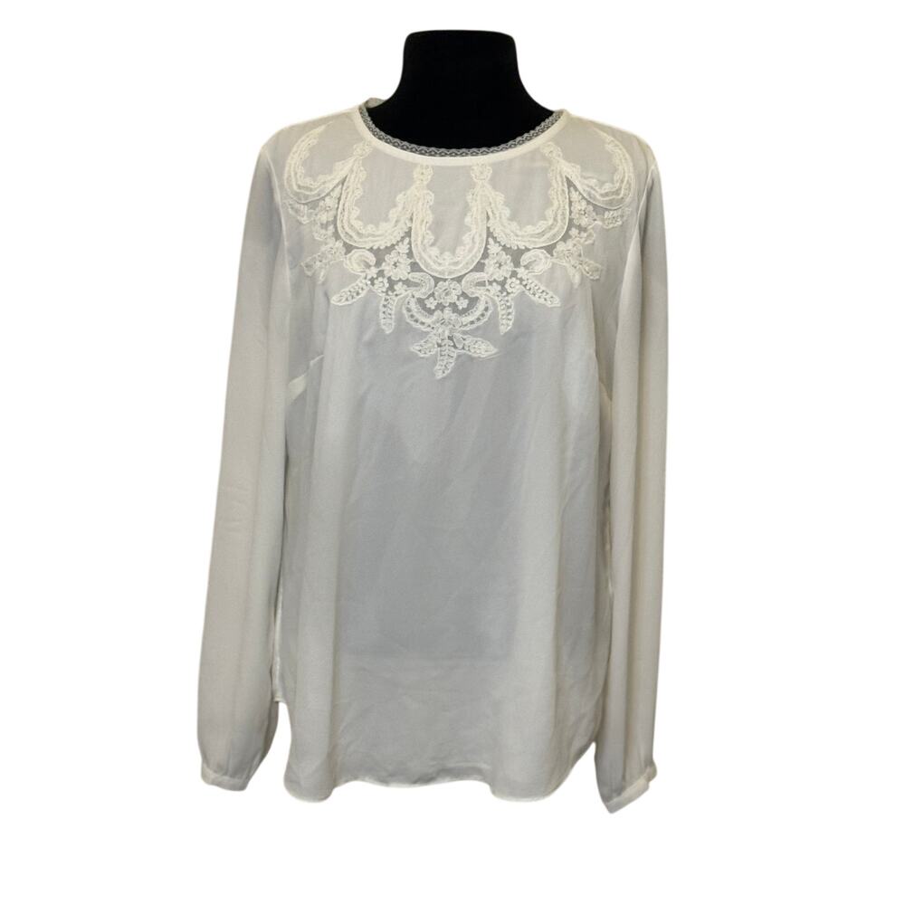 White House Black Market Blouse 12 Sheer White Embroidered Long Sleeve